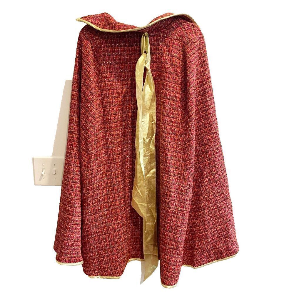 Aura Womens Red Cape Blazer Jacket Size XS Tweed Open Front Lined Gold Trim Tie - Picture 2 of 7